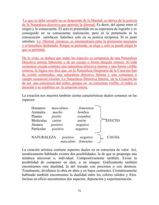 Lo que se debe cumplir no se desprende de la libertad, se deriva de la justicia
de la Naturaleza directiva que permite la libertad. Es decir, del ajuste entre el
origen y lo consecuente. El acto es pretendido en su esperanza de lograrlo y es
conseguido en su consecuente realización, pero ni la pretensión ni la
consecución satisfacen. Satisface solo en su justicia recíproca. Si es justo
satisface. La libertad, entonces, es intermediaria entre la pretensión necesaria
y el beneficio disfrutado. Porque se pretende, se elige y solo se puede elegir lo
que se pretende.

De lo visto, se deduce que todas las especies se componen de una Naturaleza
Directiva interna Inherente y de un cuerpo o forma dirigida externa. Si toda
existencia creada contiene una naturaleza directiva interna y una forma visible
externa, la lógica nos dice que, en la Naturaleza Originaria de la Creación han
de existir contenidos, una naturaleza directiva Interna y una estructura o
cuerpo sustancial externo. La Naturaleza Directiva Interna de la Creación ha
de ser una conciencia del orden, porque en su estructura visible, el orden es
presente y se establece en la creación entera.

La creación nos muestra también ciertas características duales comunes en las
especies:

      Humanos       masculinos         femeninos
      Animales       macho            hembra
      Plantas       pistilo           estambre
      Moléculas      catión           anión                EFECTO
      Átomos        positivo         negativo
      Partículas     positivo        negativo

      NATURALEZA            positivo  negativo              CAUSA
                           masculino femenino

La creación artística contiene aspectos duales en su estructura de valor. Así,
temáticamente hablando existen dos posibilidades: la de que se proponga una
temática universal o, individual. Compositivamente también. Existe la
posibilidad de componer en idea, o en imagen. Gráficamente también
encontramos otra dualidad, la del trazado con precisión o con destreza.
Tonalmente, dividimos la obra en altos y en bajos contrastes. Cromáticamente
hablando también encontramos la dualidad entre los colores cálidos y fríos.
Incluso en oficio encontramos dos aspectos: depuración y experimentación.


                                       71
 