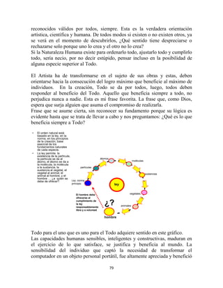 reconocidos válidos por todos, siempre. Esta es la verdadera orientación
artística, científica y humana. De todos modos si existen o no existen otros, ya
se verá en el momento de descubrirlos, ¿Qué sentido tiene despreciarse o
rechazarse solo porque uno lo crea y el otro no lo crea?
Si la Naturaleza Humana existe para ordenarlo todo, ajustarlo todo y cumplirlo
todo, sería necio, por no decir estúpido, pensar incluso en la posibilidad de
alguna especie superior al Todo.

El Artista ha de transformarse en el sujeto de sus obras y estas, deben
orientarse hacia la consecución del logro máximo que beneficie al máximo de
individuos. En la creación, Todo se da por todos, luego, todos deben
responder al beneficio del Todo. Aquello que beneficia siempre a todo, no
perjudica nunca a nadie. Esta es mi frase favorita. La frase que, como Dios,
espera que surja alguien que asuma el compromiso de realizarla.
Frase que se asume cierta, sin reconocer su fundamento porque su lógica es
evidente hasta que se trata de llevar a cabo y nos preguntamos: ¿Qué es lo que
beneficia siempre a Todo?
•   El orden natural está
    basado en la ley, en la
    norma, en los principios
    de la creación, base
    esencial de los
    fundamentos naturales
    de cada especie.
•   La ley permite la
    existencia de la partícula,
    la partícula se da al                                 átomos
    átomo, el átomo se da a                                                              moléculas
    la molécula, la molécula
    a la sustancia, la                  partículas
    sustancia al vegetal, el
    vegetal al animal, el                                                                            sustancias
    animal al hombre, y el
    hombre … ¿a quien se
    debe de ofrecer?            Ley ,norma
                                 principio                              ley


                                     El hombre debe                                 vegetales
                                     ofrecerse al
                                     cumplimiento de
                                     la ley
                                     responsablemente
                                                             ¿?               animales
                                     libre y a voluntad

                                                            hombre



Todo para el uno que es uno para el Todo adquiere sentido en este gráfico.
Las capacidades humanas sensibles, inteligentes y constructivas, maduran en
el ejercicio de lo que satisface, se justifica y beneficia al mundo. La
sensibilidad del individuo que captó la necesidad de transformar el
computador en un objeto personal portátil, fue altamente apreciada y benefició

                                                                   79
 
