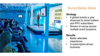 Social Media Week
Strategy
• 4 global events a year
streamed to ticket holders
and PPV subscribers.
• Stream in-venue acro...