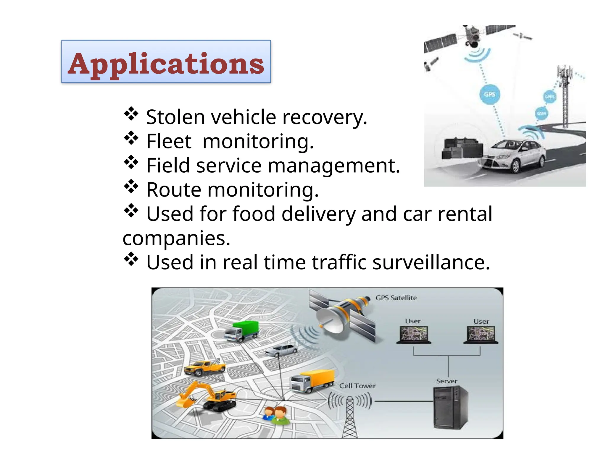 Applications
 Stolen vehicle recovery.
 Fleet monitoring.
 Field service management.
 Route monitoring.
 Used for food delivery and car rental
companies.
 Used in real time traffic surveillance.
 
