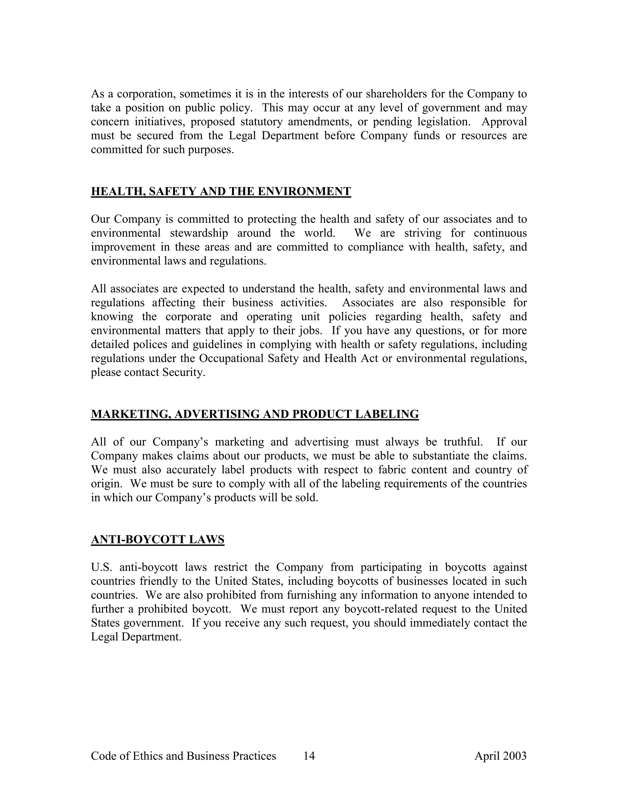 liz claiborne CodeofEthicsandBusinessPractices2003