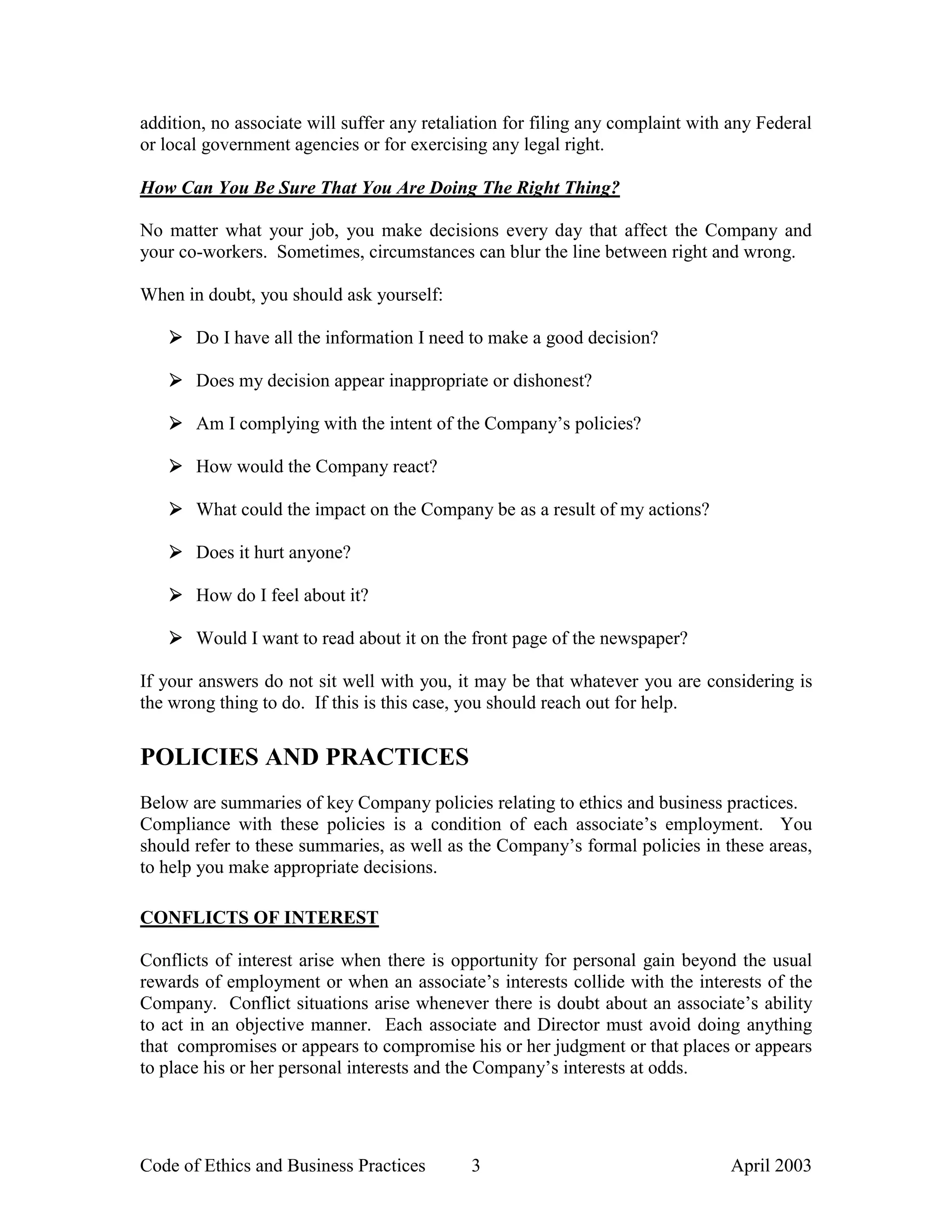 liz claiborne CodeofEthicsandBusinessPractices2003