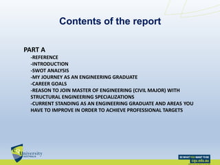 Contents of the report
PART A
-REFERENCE
-INTRODUCTION
-SWOT ANALYSIS
-MY JOURNEY AS AN ENGINEERING GRADUATE
-CAREER GOALS
-REASON TO JOIN MASTER OF ENGINEERING (CIVIL MAJOR) WITH
STRUCTURAL ENGINEERING SPECIALIZATIONS
-CURRENT STANDING AS AN ENGINEERING GRADUATE AND AREAS YOU
HAVE TO IMPROVE IN ORDER TO ACHIEVE PROFESSIONAL TARGETS
 