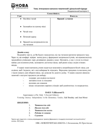 Тема. Інтегроване навчання: тематичний і діяльнісний підходи
Роздавальний матеріал 1
Тренінг для педагогів з питань впровадження проекту Державного стандарту початкової загальної освіти/
липень 2017 року
НВК «НОВОПЕЧЕРСЬКА ШКОЛА» І. Большакова, М. Пристінська
Самостійність
Учні Вчитель
● Постійно читай
● Залишайся на одному місці
● Читай тихо
● Починай одразу
● Працюй над витривалістю під
час читання
Працюй з учнями
Дизайн класу
Подумайте про те, де Ви будете знаходитись під час читання протягом тривалого часу.
Через те, що комфорт відіграє значну роль у формуванні витривалості учнів, ми відмовилися від
традиційних учнівських парт, розміщених рядами у класі. Натомість, у нас є столи та стільці
майже для половини учнів, залишаючи достатньо місця, щоб решта класу сиділи в інших
місцях.
У перші тижні навчання, учням надається можливість випробовувати безліч місць для
сидіння, щоб з’ясувати, які з них найкраще їм підходять. Впродовж тренувань та настанов, учні
з часом можуть самі обирати місце, що дозволяє їм досягти успіху. У наших класних кімнатах
зазвичай є наступні предмети для вибору:
- подушки для сидіння на підлозі
- звичайні столи зі стільцями
- килимки для лежання
- кілька поодиноких окремих стільців щоб усамітнитись та зосередитись
DAILY 5 (Щоденні 5)
Адаптовано з «The Daily 5 (Second Edition)»
Fostering Literacy Independence in the Elementary Grades, Gail Boushey and Joan Moser
ЩОДЕННО:
1. Читання для себе
2. Письмо для себе
3. Читання для когось
4. Робота зі словами
5. Слухання
 
