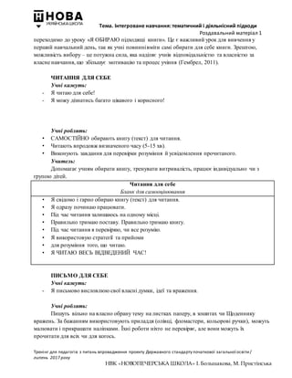 Тема. Інтегроване навчання: тематичний і діяльнісний підходи
Роздавальний матеріал 1
Тренінг для педагогів з питань впровадження проекту Державного стандарту початкової загальної освіти/
липень 2017 року
НВК «НОВОПЕЧЕРСЬКА ШКОЛА» І. Большакова, М. Пристінська
переходимо до уроку «Я ОБИРАЮ підходящі книги». Це є важливий урок для вивчення у
перший навчальний день, так як учні повиннівміти самі обирати для себе книги. Зрештою,
можливість вибору – це потужна сила, яка наділяє учнів відповідальністю та власністю за
власне навчання, що збільшує мотивацію та процес учіння (Гембрел, 2011).
ЧИТАННЯ ДЛЯ СЕБЕ
Учні кажуть:
- Я читаю для себе!
- Я можу дізнатись багато цікавого і корисного!
Учні роблять:
• САМОСТІЙНО обирають книгу (текст) для читання.
• Читають впродовж визначеного часу (5-15 хв).
• Виконують завдання для перевірки розуміння й усвідомлення прочитаного.
Учитель:
Допомагає учням обирати книгу, тренувати витривалість, працює індивідуально чи з
групою дітей.
Читання для себе
Бланк для самооцінювання
• Я свідомо і гарно обираю книгу (текст) для читання.
• Я одразу починаю працювати.
• Під час читання залишаюсь на одному місці.
• Правильно тримаю поставу. Правильно тримаю книгу.
• Під час читання я перевіряю, чи все розумію.
• Я використовую стратегії та прийоми
• для розуміння того, що читаю.
• Я ЧИТАЮ ВЕСЬ ВІДВЕДЕНИЙ ЧАС!
ПИСЬМО ДЛЯ СЕБЕ
Учні кажуть:
- Я письмово висловлюю свої власні думки, ідеї та враження.
Учні роблять:
Пишуть вільно на власно обрану тему на листках паперу, в зошитах чи Щоденнику
вражень. За бажанням використовують приладдя (олівці, фломастери, кольорові ручки), можуть
малювати і прикрашати наліпками. Їхні роботи ніхто не перевіряє, але вони можуть їх
прочитати для всіх чи для когось.
 