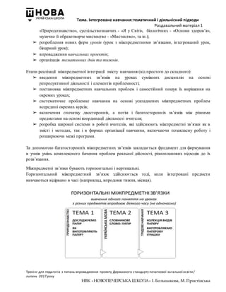 Тема. Інтегроване навчання: тематичний і діяльнісний підходи
Роздавальний матеріал 1
Тренінг для педагогів з питань впровадження проекту Державного стандарту початкової загальної освіти/
липень 2017 року
НВК «НОВОПЕЧЕРСЬКА ШКОЛА» І. Большакова, М. Пристінська
«Природознавство», суспільствознавчих - «Я у Світі», біологічних - «Основи здоров’я»,
музичне й образотворче мистецтво - «Мистецтво», та ін.);
➢ розроблення нових форм уроків (урок з міжпредметними зв’язками, інтегрований урок,
бінарний урок);
➢ впровадження навчальних проектів;
➢ організація тематичних днів та тижнів.
Етапи реалізації міжпредметної інтеграції змісту навчання (від простого до складного):
➢ введення міжпредметних зв’язків на уроках суміжних дисциплін на основі
репродуктивної діяльності і елементів проблемності;
➢ постановка міжпредметних навчальних проблем і самостійний пошук їх вирішення на
окремих уроках;
➢ систематичне проблемне навчання на основі ускладнених міжпредметних проблем
всередині окремих курсів;
➢ включення спочатку двосторонніх, а потім і багатосторонніх зв’язків між різними
предметами на основі координації діяльності вчителя;
➢ розробка широкої системи в роботі вчителів, які здійснюють міжпредметні зв’язки як в
змісті і методах, так і в формах організації навчання, включаючи позакласну роботу і
розширюючи межі програми.
За допомогою багатосторонніх міжпредметних зв’язків закладається фундамент для формування
в учнів умінь комплексного бачення проблем реальної дійсності, різнопланових підходів до їх
розв’язання.
Міжпредметні зв’язки бувають горизонтальні і вертикальні.
Горизонтальний міжпредметний зв’язок здійснюється тоді, коли інтегровані предмети
вивчаються відірвано в часі (наприклад, впродовж тижня, місяця).
 