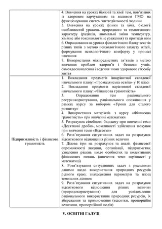 4. Вивчення на уроках біології та хімії тем, пов’язаних
із здоровим харчуванням та впливом ГМО на
функціонування систем життєдіяльності людини
5. Вивчення на уроках фізики та хімії, біології
особливостей уражень природного та техногенного
характеру (радіація, аномальні зміни температур,
хімічне або токсикологічнеураження) та протидія ним
6. Опрацювання на уроках філологічного блоку текстів
різних типів з метою психологічного захисту жітей,
формування психологічного комфорту у процесі
навчання
7. Використання міжпредметних зв’язків з метою
вивчення проблем здоров’я і безпеки учнів,
самовдосконалення і ведення ними здорового способу
життя
Підприємливість і фінансова
грамотність
1. Викладання предметів інваріантної складової
навчального плану: «Громадянська освіта» у 10 класі
2. Викладання предметів варіативної складової
навчального плану: «Фінансова грамотність»
3. Опрацювання тем раціонального
ресурсокористування, раціонального споживання у
рамках курсу за вибором «Уроки для сталого
розвитку»
4. Використання матеріалів з курсу «Фінансова
грамотність» при вивченні математики
5. Розрахунок сімейного бюджету при вивченні теми
«Десяткові дроби», можливості здійснення покупок
при вивченні теми «Відсотки»
6. Розв’язування ситуативних задач на розрахунок
відсоткового відношення різних величин
7. Ділова ігри на розрахунок та аналіз фінансової
спроможності людини, організації, підприємства;
ухвалення рішень щодо особистих та колективних
фінансових питань (вивчення теми нерівності у
математиці)
8. Розв’язування ситуативних задач з реальними
даними щодо використання природних ресурсів
рідного краю; знаходження периметрів та площ
земельних ділянок
9. Розв’язування ситуативних задач на розрахунок
відсоткового відношення різних величин
(природокористування) для усвідомлення
раціонального використання природних ресурсів, їх
збереження та примноження (відсотки, пропорційні
величини, пропорційний поділ)
V. ОСВІТНІ ГАЛУЗІ
 