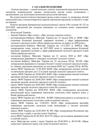 І. ЗАГАЛЬНІ ПОЛОЖЕННЯ
Освітня програма – єдиний комплекс освітніх компонентів (предметів вивчення,
дисциплін, індивідуальних завдань, контрольних заходів тощо), спланованих і
організованих для досягнення визначених результатів навчання.
На основі власної освітньої програми заклад освіти складає та затверджує річний
навчальний план, в якомуконкретизує перелік навчальних предметів та кількість годин
на тиждень.
Освітня програма Криворізької загальноосвітньої школи І-ІІІ ступенів № 122 на
2019-2020 навчальний рік складена відповідно до основних вимог нормативних
документів:
 Конституції України;
 Законів України «Про освіту», «Про загальну середню освіту»;
 розпорядження Кабінету Міністрів України від 14 грудня 2016 р. №988 «Про
схвалення Концепції реалізації державної політики у сфері реформування
загальної середньої освіти «Нова українська школа» на період до 2029 року»;
 розпорядження Кабінету Міністрів України від 13.12.2017 р. №903-р «Про
затвердження плану заходів на 2017-2029 роки із запровадження Концепції
реалізації державної політики у сфері реформування загальної середньої освіти
«Нова українська школа».
 постанови Кабінету Міністрів України від 21 лютого 2018 р. №87 «Про
затвердження Державного стандарту початкової загальної освіти»;
 постанови Кабінету Міністрів України від 23 листопада 2011р. №1392 «Про
затвердження Державного стандарту базової і повної загальної середньої освіти»
(із змінами, внесеними відповідно до постанови КМУ від 7 серпня 2013р. №538).
 наказу МОН України від 21.03.2018 №268 «Про затвердження типових освітніх
та навчальних програм для 1-2-х класів закладів загальної середньої освіти»;
 наказу МОН України від 20.04.2018 №407 «Про затвердження типової освітньої
програми закладів загальної середньої освіти І ступеня»;
 наказу МОН України від 20.04.2018 №405 «Про затвердження типової освітньої
програми закладів загальної середньої освіти ІІ ступеня»;
 наказу МОН України від 20.04.2018 №408 «Про затвердження типової освітньої
програми закладів загальної середньої освіти ІІІ ступеня»;
 наказу МОН України від 20.08.2018 №924 «Про затвердження методичних
рекомендацій щодо оцінювання навчальних досягнень учнів першого класу у
Новій українській школі»;
 наказу МОН України від 19.08.2016 №1009 «Орієнтовні вимоги до контролю та
оцінювання навчальних досягнень учнів початкової школи»;
 наказу МОН України від 13.04.2011 №329 «Про затвердження критеріїв
оцінювання навчальних досягнень учнів (вихованців) у системі загальної
середньої освіти»;
 наказу МОН України від 22.05.2018 № 509 «Про затвердження Положення про
психологічну службу у системі освіти України»;
 листа МОН України від 01.02.2018 №1/9-74 «Щодо застосування державної мови
в освітній галузі»;
 листа Міністерства освіти і науки України від 02.04.2018 р. №1/9-190 «Щодо
скороченої тривалості уроку для учнів початкової школи»;
 