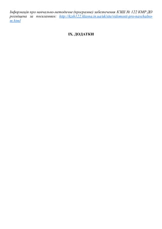 Інформація про навчально-методичне (програмне) забезпечення КЗШ № 122 КМР ДО
розміщена за посиланням: http://kzsh122.klasna.in.ua/uk/site/vidomosti-pro-navchalno-
m.html
IX. ДОДАТКИ
 