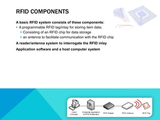 RFID COMPONENTS
A basic RFID system consists of these components:
 A programmable RFID tag/inlay for storing item data;
   Consisting of an RFID chip for data storage
   an antenna to facilitate communication with the RFID chip
A reader/antenna system to interrogate the RFID inlay
Application software and a host computer system
 