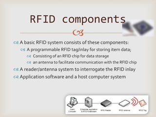 RFID components
              
 A basic RFID system consists of these components:
    A programmable RFID tag/inlay for storing item data;
       Consisting of an RFID chip for data storage
       an antenna to facilitate communication with the RFID chip
 A reader/antenna system to interrogate the RFID inlay
 Application software and a host computer system
 