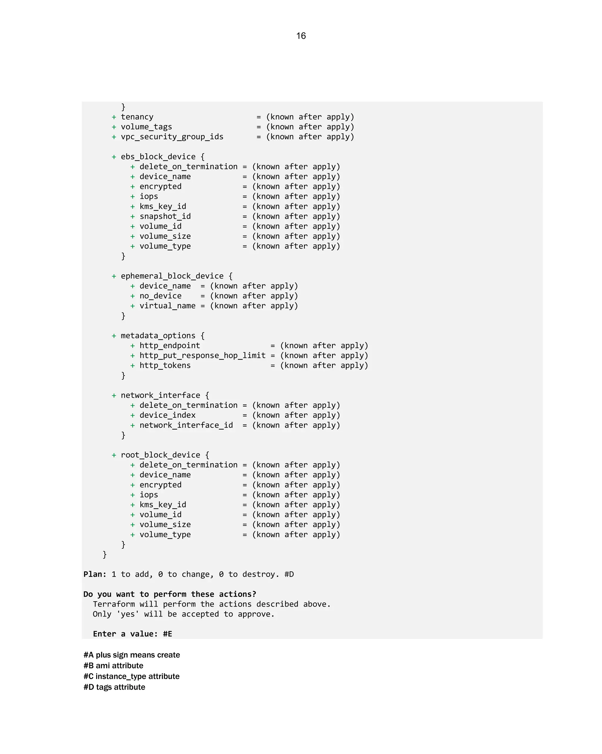 }
+ tenancy = (known after apply)
+ volume_tags = (known after apply)
+ vpc_security_group_ids = (known after apply)
+ ebs_block_device {
+ delete_on_termination = (known after apply)
+ device_name = (known after apply)
+ encrypted = (known after apply)
+ iops = (known after apply)
+ kms_key_id = (known after apply)
+ snapshot_id = (known after apply)
+ volume_id = (known after apply)
+ volume_size = (known after apply)
+ volume_type = (known after apply)
}
+ ephemeral_block_device {
+ device_name = (known after apply)
+ no_device = (known after apply)
+ virtual_name = (known after apply)
}
+ metadata_options {
+ http_endpoint = (known after apply)
+ http_put_response_hop_limit = (known after apply)
+ http_tokens = (known after apply)
}
+ network_interface {
+ delete_on_termination = (known after apply)
+ device_index = (known after apply)
+ network_interface_id = (known after apply)
}
+ root_block_device {
+ delete_on_termination = (known after apply)
+ device_name = (known after apply)
+ encrypted = (known after apply)
+ iops = (known after apply)
+ kms_key_id = (known after apply)
+ volume_id = (known after apply)
+ volume_size = (known after apply)
+ volume_type = (known after apply)
}
}
Plan: 1 to add, 0 to change, 0 to destroy. #D
Do you want to perform these actions?
Terraform will perform the actions described above.
Only 'yes' will be accepted to approve.
Enter a value: #E
#A plus sign means create
#B ami attribute
#C instance_type attribute
#D tags attribute
16
 