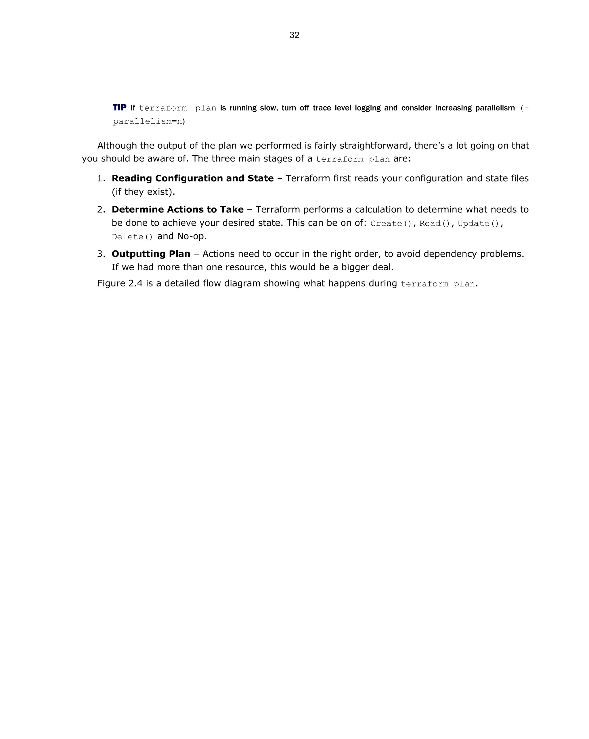 TIP if terraform plan is running slow, turn off trace level logging and consider increasing parallelism (-
parallelism=n)
Although the output of the plan we performed is fairly straightforward, there’s a lot going on that
you should be aware of. The three main stages of a terraform plan are:
1. Reading Configuration and State – Terraform first reads your configuration and state files
(if they exist).
2. Determine Actions to Take – Terraform performs a calculation to determine what needs to
be done to achieve your desired state. This can be on of: Create(), Read(), Update(),
Delete() and No-op.
3. Outputting Plan – Actions need to occur in the right order, to avoid dependency problems.
If we had more than one resource, this would be a bigger deal.
Figure 2.4 is a detailed flow diagram showing what happens during terraform plan.
32
 