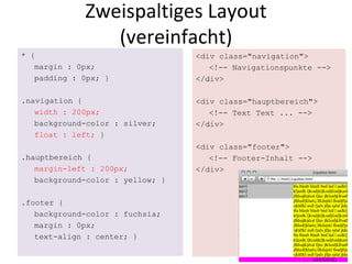 Zweispaltiges Layout (vereinfacht) * { margin : 0px; padding : 0px; } .navigation { width : 200px; background-color : silver; float : left;  } .hauptbereich { margin-left : 200px; background-color : yellow; } .footer { background-color : fuchsia; margin : 0px; text-align : center; } <div class="navigation"> <!-- Navigationspunkte --> </div> <div class="hauptbereich"> <!-- Text Text ... --> </div> <div class="footer"> <!-- Footer-Inhalt --> </div> 