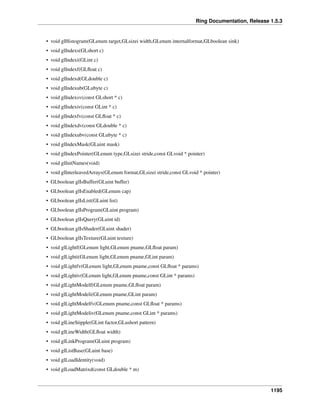 Ring Documentation, Release 1.5.3
• void glHistogram(GLenum target,GLsizei width,GLenum internalformat,GLboolean sink)
• void glIndexs(GLshort c)
• void glIndexi(GLint c)
• void glIndexf(GLﬂoat c)
• void glIndexd(GLdouble c)
• void glIndexub(GLubyte c)
• void glIndexsv(const GLshort * c)
• void glIndexiv(const GLint * c)
• void glIndexfv(const GLﬂoat * c)
• void glIndexdv(const GLdouble * c)
• void glIndexubv(const GLubyte * c)
• void glIndexMask(GLuint mask)
• void glIndexPointer(GLenum type,GLsizei stride,const GLvoid * pointer)
• void glInitNames(void)
• void glInterleavedArrays(GLenum format,GLsizei stride,const GLvoid * pointer)
• GLboolean glIsBuffer(GLuint buffer)
• GLboolean glIsEnabled(GLenum cap)
• GLboolean glIsList(GLuint list)
• GLboolean glIsProgram(GLuint program)
• GLboolean glIsQuery(GLuint id)
• GLboolean glIsShader(GLuint shader)
• GLboolean glIsTexture(GLuint texture)
• void glLightf(GLenum light,GLenum pname,GLﬂoat param)
• void glLighti(GLenum light,GLenum pname,GLint param)
• void glLightfv(GLenum light,GLenum pname,const GLﬂoat * params)
• void glLightiv(GLenum light,GLenum pname,const GLint * params)
• void glLightModelf(GLenum pname,GLﬂoat param)
• void glLightModeli(GLenum pname,GLint param)
• void glLightModelfv(GLenum pname,const GLﬂoat * params)
• void glLightModeliv(GLenum pname,const GLint * params)
• void glLineStipple(GLint factor,GLushort pattern)
• void glLineWidth(GLﬂoat width)
• void glLinkProgram(GLuint program)
• void glListBase(GLuint base)
• void glLoadIdentity(void)
• void glLoadMatrixd(const GLdouble * m)
1195
 