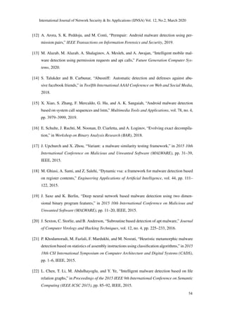 International Journal of Network Security & Its Applications (IJNSA) Vol. 12, No.2, March 2020
[12] A. Arora, S. K. Peddoju, and M. Conti, “Permpair: Android malware detection using per-
mission pairs,” IEEE Transactions on Information Forensics and Security, 2019.
[13] M. Alazab, M. Alazab, A. Shalaginov, A. Mesleh, and A. Awajan, “Intelligent mobile mal-
ware detection using permission requests and api calls,” Future Generation Computer Sys-
tems, 2020.
[14] S. Talukder and B. Carbunar, “Abusniff: Automatic detection and defenses against abu-
sive facebook friends,” in Twelfth International AAAI Conference on Web and Social Media,
2018.
[15] X. Xiao, S. Zhang, F. Mercaldo, G. Hu, and A. K. Sangaiah, “Android malware detection
based on system call sequences and lstm,” Multimedia Tools and Applications, vol. 78, no. 4,
pp. 3979–3999, 2019.
[16] E. Schulte, J. Ruchti, M. Noonan, D. Ciarletta, and A. Loginov, “Evolving exact decompila-
tion,” in Workshop on Binary Analysis Research (BAR), 2018.
[17] J. Upchurch and X. Zhou, “Variant: a malware similarity testing framework,” in 2015 10th
International Conference on Malicious and Unwanted Software (MALWARE), pp. 31–39,
IEEE, 2015.
[18] M. Ghiasi, A. Sami, and Z. Salehi, “Dynamic vsa: a framework for malware detection based
on register contents,” Engineering Applications of Artiﬁcial Intelligence, vol. 44, pp. 111–
122, 2015.
[19] J. Saxe and K. Berlin, “Deep neural network based malware detection using two dimen-
sional binary program features,” in 2015 10th International Conference on Malicious and
Unwanted Software (MALWARE), pp. 11–20, IEEE, 2015.
[20] J. Sexton, C. Storlie, and B. Anderson, “Subroutine based detection of apt malware,” Journal
of Computer Virology and Hacking Techniques, vol. 12, no. 4, pp. 225–233, 2016.
[21] P. Khodamoradi, M. Fazlali, F. Mardukhi, and M. Nosrati, “Heuristic metamorphic malware
detection based on statistics of assembly instructions using classiﬁcation algorithms,” in 2015
18th CSI International Symposium on Computer Architecture and Digital Systems (CADS),
pp. 1–6, IEEE, 2015.
[22] L. Chen, T. Li, M. Abdulhayoglu, and Y. Ye, “Intelligent malware detection based on ﬁle
relation graphs,” in Proceedings of the 2015 IEEE 9th International Conference on Semantic
Computing (IEEE ICSC 2015), pp. 85–92, IEEE, 2015.
54
 