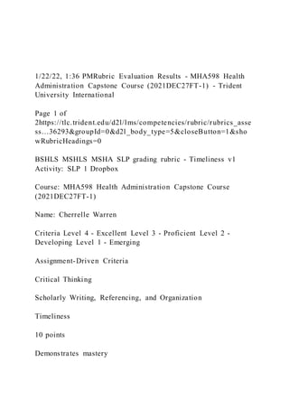 1/22/22, 1:36 PMRubric Evaluation Results - MHA598 Health
Administration Capstone Course (2021DEC27FT-1) - Trident
University International
Page 1 of
2https://tlc.trident.edu/d2l/lms/competencies/rubric/rubrics_asse
ss…36293&groupId=0&d2l_body_type=5&closeButton=1&sho
wRubricHeadings=0
BSHLS MSHLS MSHA SLP grading rubric - Timeliness v1
Activity: SLP 1 Dropbox
Course: MHA598 Health Administration Capstone Course
(2021DEC27FT-1)
Name: Cherrelle Warren
Criteria Level 4 - Excellent Level 3 - Proficient Level 2 -
Developing Level 1 - Emerging
Assignment-Driven Criteria
Critical Thinking
Scholarly Writing, Referencing, and Organization
Timeliness
10 points
Demonstrates mastery
 
