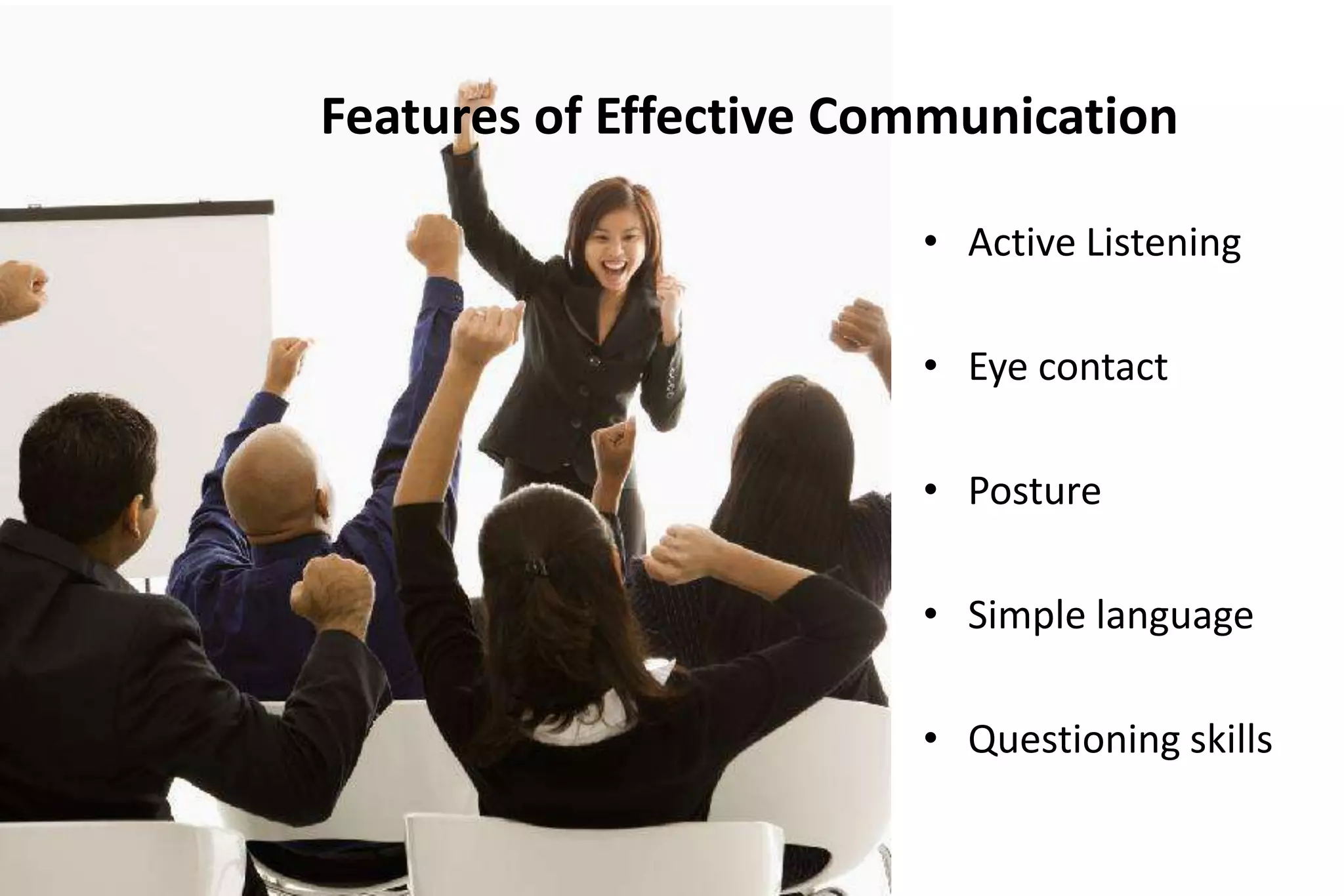 Features of Effective Communication
• Active Listening
• Eye contact
• Posture
• Simple language

• Questioning skills

 