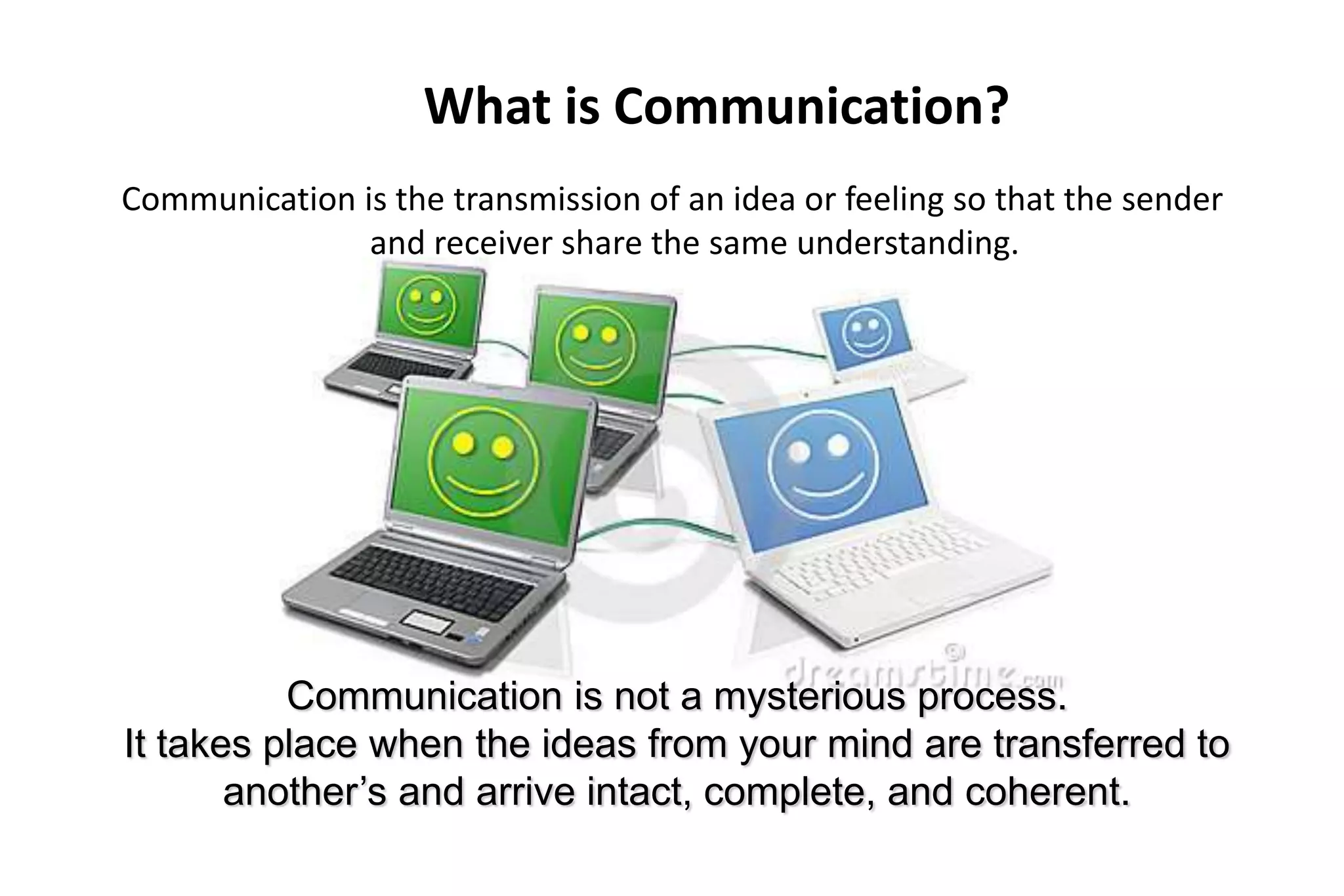 What is Communication?
Communication is the transmission of an idea or feeling so that the sender
and receiver share the same understanding.

Communication is not a mysterious process.
It takes place when the ideas from your mind are transferred to
another’s and arrive intact, complete, and coherent.

 