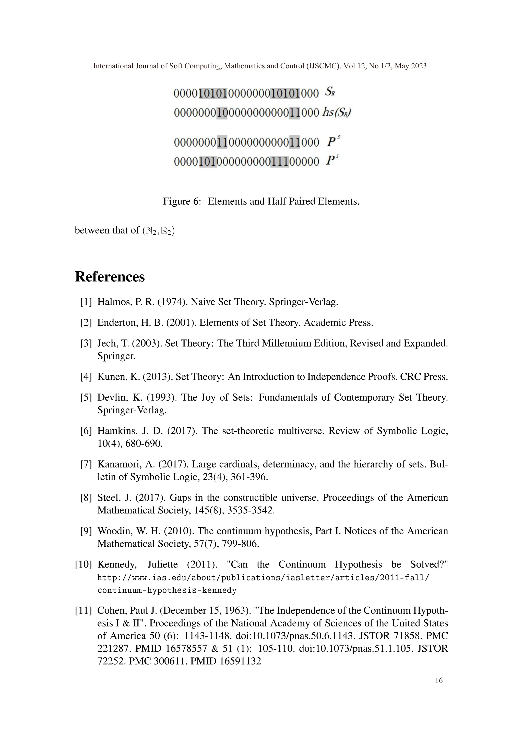 Figure 6: Elements and Half Paired Elements.
between that of (N2,R2)
References
[1] Halmos, P. R. (1974). Naive Set Theory. Springer-Verlag.
[2] Enderton, H. B. (2001). Elements of Set Theory. Academic Press.
[3] Jech, T. (2003). Set Theory: The Third Millennium Edition, Revised and Expanded.
Springer.
[4] Kunen, K. (2013). Set Theory: An Introduction to Independence Proofs. CRC Press.
[5] Devlin, K. (1993). The Joy of Sets: Fundamentals of Contemporary Set Theory.
Springer-Verlag.
[6] Hamkins, J. D. (2017). The set-theoretic multiverse. Review of Symbolic Logic,
10(4), 680-690.
[7] Kanamori, A. (2017). Large cardinals, determinacy, and the hierarchy of sets. Bul-
letin of Symbolic Logic, 23(4), 361-396.
[8] Steel, J. (2017). Gaps in the constructible universe. Proceedings of the American
Mathematical Society, 145(8), 3535-3542.
[9] Woodin, W. H. (2010). The continuum hypothesis, Part I. Notices of the American
Mathematical Society, 57(7), 799-806.
[10] Kennedy, Juliette (2011). "Can the Continuum Hypothesis be Solved?"
http://www.ias.edu/about/publications/iasletter/articles/2011-fall/
continuum-hypothesis-kennedy
[11] Cohen, Paul J. (December 15, 1963). "The Independence of the Continuum Hypoth-
esis I & II". Proceedings of the National Academy of Sciences of the United States
of America 50 (6): 1143-1148. doi:10.1073/pnas.50.6.1143. JSTOR 71858. PMC
221287. PMID 16578557 & 51 (1): 105-110. doi:10.1073/pnas.51.1.105. JSTOR
72252. PMC 300611. PMID 16591132
International Journal of Soft Computing, Mathematics and Control (IJSCMC), Vol 12, No 1/2, May 2023
16
 