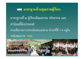 มาตรฐานด้านคุณภาพผู้เรียน
มาตรฐานที่ ๒ ผู้เรียนมีคุณธรรม จริยธรรม และ
ค่านิยมที่พึงประสงค์
ค่าเฉลี่ยรวมการประเมินตนเองตาม ตัวบ่งชี้ที่ 1-4 อยู่ใน
ระดับคุณภาพ 5.00
 