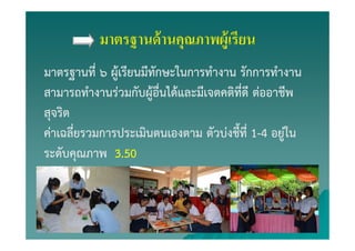 มาตรฐานด้านคุณภาพผู้เรียน
มาตรฐานที่ ๖ ผู้เรียนมีทักษะในการทํางาน รักการทํางาน
สามารถทํางานร่วมกับผู้อื่นได้และมีเจตคติที่ดี ต่ออาชีพ
สุจริต
ค่าเฉลี่ยรวมการประเมินตนเองตาม ตัวบ่งชี้ที่ 1-4 อยู่ใน
ระดับคุณภาพ 5.00
 