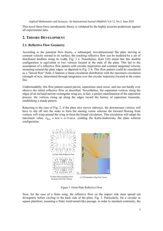 Applied Mathematics and Sciences: An International Journal (MathSJ) Vol.12, No.2, June 2025
3
This novel three-force aerodynamic theory is validated by the highly accurate predictions against
all experimental data.
2. THEORY DEVELOPMENT
2.1. Reflective Flow Geometry
According to the potential flow theory, a submerged, two-dimensional flat plate moving at
constant velocity normal to its surface, the resulting reflective flow can be modeled by a set of
distributed doublets along its width, Fig. 2 a. Nonetheless, Katz [10] stated that this doublet
configuration is equivalent to two vortices located at the ends of the plate. This led to the
assumption of a reflective flow pattern with circular trajectories and constant tangential velocity
streaming around the plate edges, as depicted in Fig. 2 b. This flow pattern could be considered
as a "forced flow" field, it features a linear circulation distribution with the maximum circulation
(strength of πcw, determined through integration over the circular trajectory) located at the centre
line.
Understandably, this flow pattern cannot persist, separations must occur, and one can hardly ever
observe the initial reflective flow as described. Nevertheless, the separation vortices along the
edges of an inclined narrow rectangular wing are, in fact, a perfect manifestation of the separation
process: the vortices rising up along the edges record the history of separation transients,
establishing a steady pattern.
Returning to the case of Fig. 2, if the plate also moves sideways, the downstream vortices will
have to slip off into the wake to form the starting vortex whereas the forward flowing front
vortices will wrap around the wing to form the bound circulation. This circulation will adopt the
maximum value, , yielding the Kutta-Joukowsky flat plate solution
configuration.
Figure 3 Finite Plate Reflective Flow
Now, for the case of a finite wing, the reflective flow on the impact side must spread out
divergently before circling to the back side of the plate, Fig. 3. Particularly, for a circular or
square planform, assuming a finite wind-tunnel-like passage, in order to maintain continuity, the
 