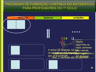 PROGRAMA DE FORMAÇÃO CONTÍNUA EM MATEMÁTICA
       PARA PROFESSORES DO 1º CICLO

      centenas   +   dezenas     +          unidades




                                  524      3
                                 -3        1 Neste
                                  20            algoritmo as
                                                duas centenas
                        A estas 20 dezenas, há que restam,
                                                que
                        acrescentar as 2 dezenas conjunto. a
                           …eUma centena em cada
                              sobram duas centenas.
                                                correspondem
                        que já lá existiam.     20 dezenas.
                          …mas, 2 centenas são 20 dezenas.
 
