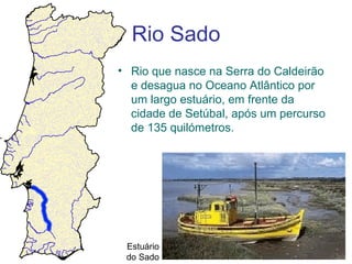 Rio Sado
• Rio que nasce na Serra do Caldeirão
  e desagua no Oceano Atlântico por
  um largo estuário, em frente da
  cidade de Setúbal, após um percurso
  de 135 quilómetros.




 Estuário
 do Sado
 