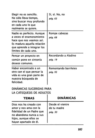 Elegir no es sencillo.
No sólo lleva tiempo,
sino buscar muy profundo
en cada uno lo que
realmente se quiere.
Sí, sí. No, no
pág. 63
Nadie es perfecto. Aunque
a veces el enamoramiento
hace que nos veamos así.
Es madura aquella relación
que aprende a integrar los
límites de cada uno.
Rompe cabezas
pág. 68
Pensar un proyecto en
común pone en sintonía
deseos comunes.
Recordando a Aladino
pág. 19
Haber encontrado a un
otro con el que pensar la
vida es una gran parte de
nuestra búsqueda de
felicidad.
Remontando barriletes
pág. 93
107
DINÁMICAS SUGERIDAS PARA
LA CATEQUESIS DE ADULTOS
T E M A S D I N Á M I C A S
Dios nos ha creado con
amor y nos ama con la
fidelidad de un Padre que
no abandona nunca a sus
hijos, aunque ellos se
hayan apartado de él.
Desde el vientre
de tu madre
pág. 30
 