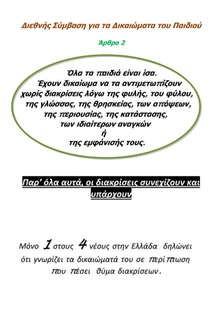 Διεθνής Σύμβαση για τα Δικαιώματα του Παιδιού

                     Άρθρο 2



            Όλα τα παιδιά είναι ίσα.
    Έχουν δικαίωμα να τα αντιμετωπίζουν
χωρίς διακρίσεις λόγω της φυλής, του φύλου,
 της γλώσσας, της θρησκείας, των απόψεων,
      της περιουσίας, της κατάστασης,
          των ιδιαίτερων αναγκών
                     ή
            της εμφάνισής τους.




Παρ’ όλα αυτά, οι διακρίσεις συνεχίζουν και
                υπάρχουν




Μόνο   1 στους 4   νέους στην Ελλάδα δηλώνει
ότι γνωρίζει τα δικαιώματά του σε περίπτωση
        που πέσει θύμα διακρίσεων.
 