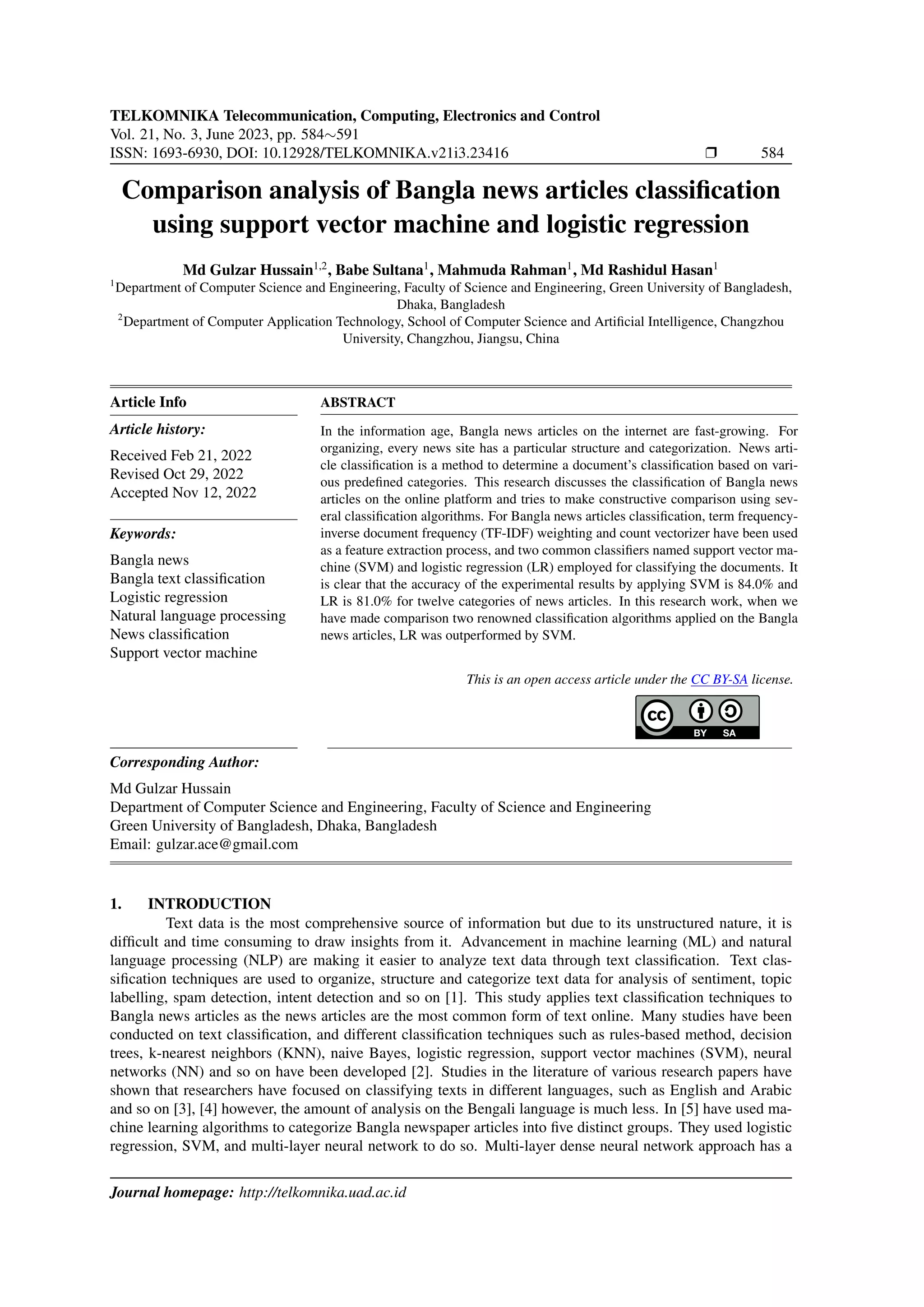 Comparison analysis of Bangla news articles classification using ...