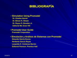 BIBLIOGRAFÍA


           • Simulation Using Promodel
             Dr. Charles Harrell
             Dr. Biman K. Ghosh
   ...