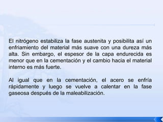 El nitrógeno estabiliza la fase austenita y posibilita así un
enfriamiento del material más suave con una dureza más
alta. Sin embargo, el espesor de la capa endurecida es
menor que en la cementación y el cambio hacia el material
interno es más fuerte.

Al igual que en la cementación, el acero se enfría
rápidamente y luego se vuelve a calentar en la fase
gaseosa después de la maleabilización.
 