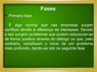 Fases
 Primeira fase
É algo normal que nas empresas surjam
conflitos devido à diferença de interesses. Devido
a isto surgem problemas que podem solucionar-se
de forma positiva através do diálogo ou que, pelo
contrário, constituam o início de um problema
mais profundo, dando-se isto na seguinte fase

 