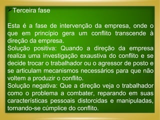 Terceira fase
Esta é a fase de intervenção da empresa, onde o
que em princípio gera um conflito transcende à
direção da empresa.
Solução positiva: Quando a direção da empresa
realiza uma investigação exaustiva do conflito e se
decide trocar o trabalhador ou o agressor de posto e
se articulam mecanismos necessários para que não
voltem a produzir o conflito.
Solução negativa: Que a direção veja o trabalhador
como o problema a combater, reparando em suas
características pessoais distorcidas e manipuladas,
tornando-se cúmplice do conflito.

 