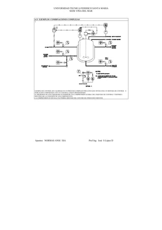 UNIVERSIDAD TECNICA FEDERICO SANTA MARIA
                               SEDE VIÑA DEL MAR


6.11 EJEMPLOS COMBINACIONES COMPLEJAS
1




EJEMPLO DE CONTROL DE CALDERAS EN UN PROCESO COMPLEJO POR LOTES QUE INVOLUCRA UN SISTEMA DE CONTROL E
INDICACION COMPARTIDA CON UN CONTROL LOGICO PROGRAMADO.
EL PROPOSITO DE ESTE DIAGRAMA ES PERMITIR UNA COMPRENSIÓN GLOBAL DEL ESQUEMA DE CONTROL Y DEFINIR E
IDENTIFICAR LA CONEXIÓN DE LOS COMPONENTES
LA COMPRENSION EN DETALLE SE PODRIA OBTENER DEL ESTUDIO DE OTROS DOCUMENTOS




Apuntes NORMAS ANSI / ISA                                  Prof Ing José S López D
 