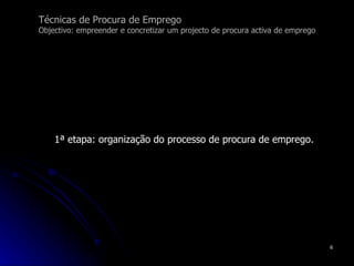 Técnicas de Procura de Emprego Objectivo: empreender e concretizar um projecto de procura activa de emprego 1ª etapa: organização do processo de procura de emprego. 