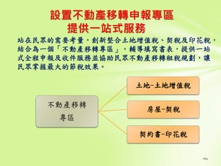 設置不動產移轉申報專區
提供一站式服務
站在民眾的需要考量，創新整合土地增值稅、契稅及印花稅，
結合為一個「不動產移轉專區」，輔導填寫書表，提供一站
式全程申報及收件服務並協助民眾不動產移轉租稅規劃，讓
民眾掌握最大的節稅效果。
不動產移轉
專區
土地-土地增值稅
房屋-契稅
契約書-印花稅
 