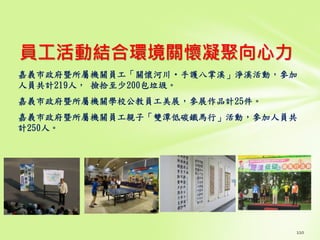 員工活動結合環境關懷凝聚向心力
110
嘉義市政府暨所屬機關員工「關懷河川•手護八掌溪」淨溪活動，參加
人員共計219人， 撿拾至少200包垃圾。
嘉義市政府暨所屬機關學校公教員工美展，參展作品計25件。
嘉義市政府暨所屬機關員工親子「雙潭低碳鐵馬行」活動，參加人員共
計250人。
 