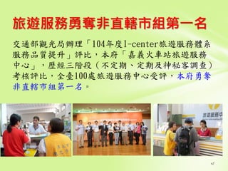 旅遊服務勇奪非直轄市組第一名
交通部觀光局辦理「104年度I-center旅遊服務體系
服務品質提升」評比，本府「嘉義火車站旅遊服務
中心」，歴經三階段（不定期、定期及神秘客調查）
考核評比，全臺100處旅遊服務中心受評，本府勇奪
非直轄市組第一名。
 