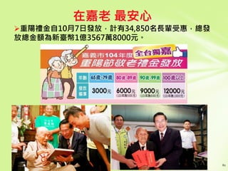 在嘉老 最安心
重陽禮金自10月7日發放，計有34,850名長輩受惠，總發
放總金額為新臺幣1億3567萬8000元。
 