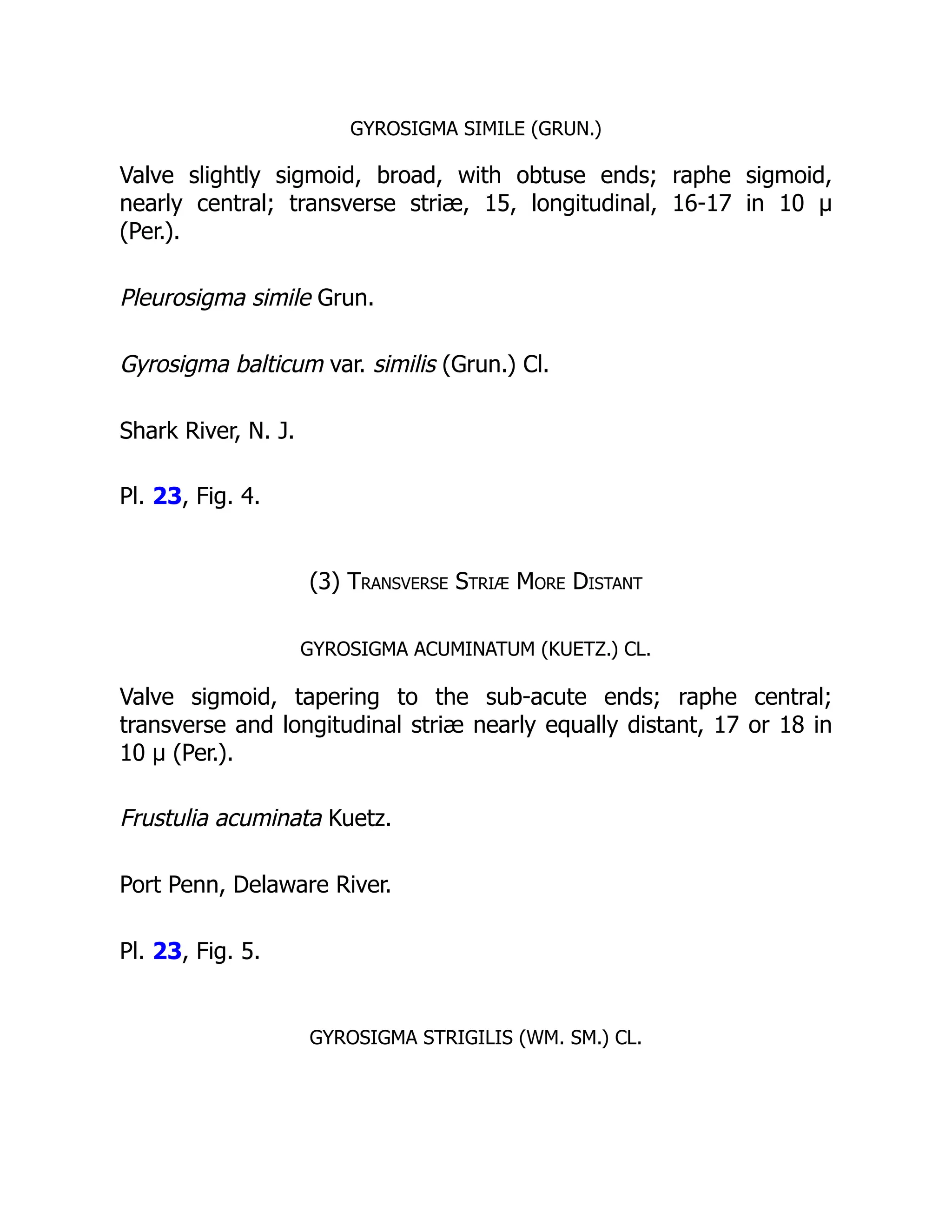 GYROSIGMA SIMILE (GRUN.)
Valve slightly sigmoid, broad, with obtuse ends; raphe sigmoid,
nearly central; transverse striæ, 15, longitudinal, 16-17 in 10 µ
(Per.).
Pleurosigma simile Grun.
Gyrosigma balticum var. similis (Grun.) Cl.
Shark River, N. J.
Pl. 23, Fig. 4.
(3) Transverse Striæ More Distant
GYROSIGMA ACUMINATUM (KUETZ.) CL.
Valve sigmoid, tapering to the sub-acute ends; raphe central;
transverse and longitudinal striæ nearly equally distant, 17 or 18 in
10 µ (Per.).
Frustulia acuminata Kuetz.
Port Penn, Delaware River.
Pl. 23, Fig. 5.
GYROSIGMA STRIGILIS (WM. SM.) CL.
 