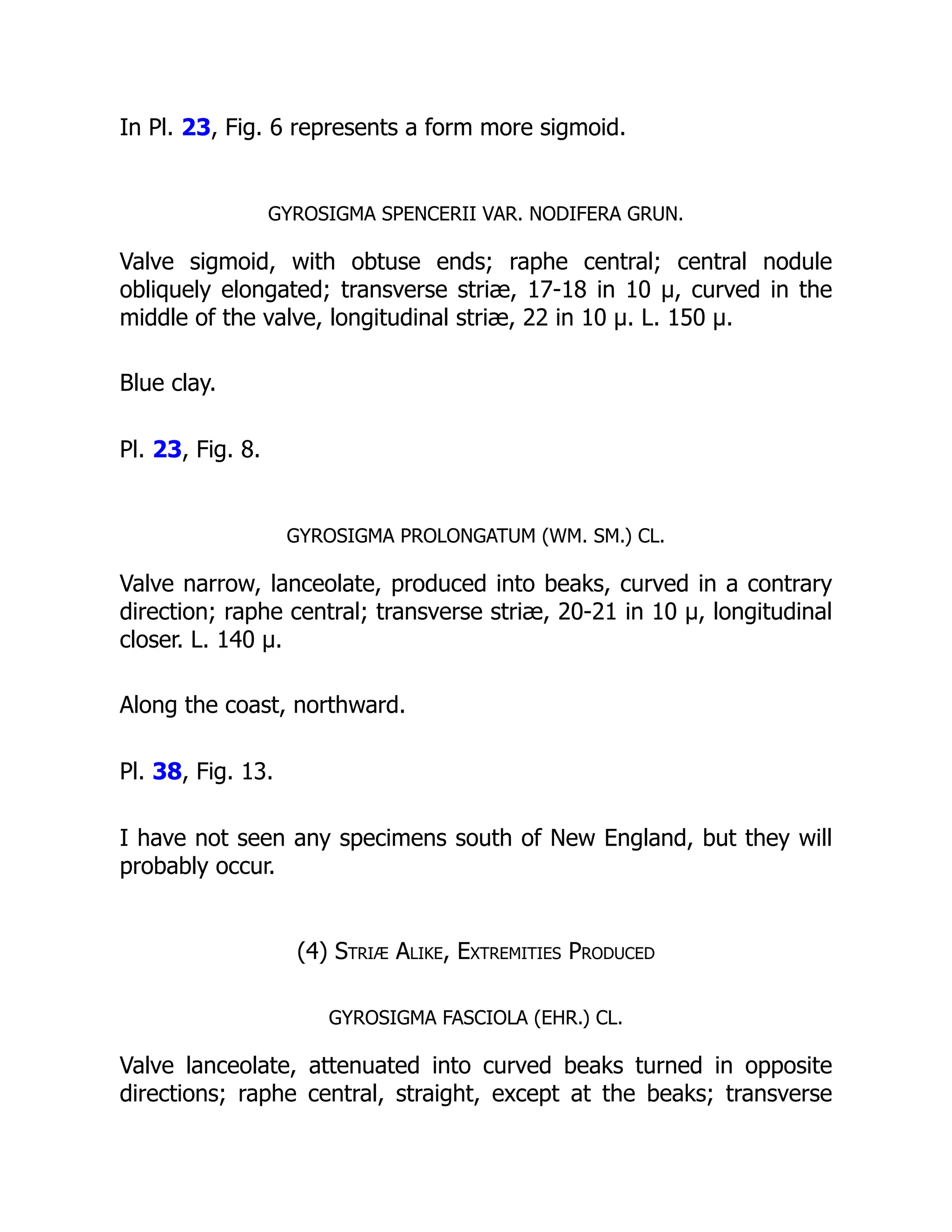 In Pl. 23, Fig. 6 represents a form more sigmoid.
GYROSIGMA SPENCERII VAR. NODIFERA GRUN.
Valve sigmoid, with obtuse ends; raphe central; central nodule
obliquely elongated; transverse striæ, 17-18 in 10 µ, curved in the
middle of the valve, longitudinal striæ, 22 in 10 µ. L. 150 µ.
Blue clay.
Pl. 23, Fig. 8.
GYROSIGMA PROLONGATUM (WM. SM.) CL.
Valve narrow, lanceolate, produced into beaks, curved in a contrary
direction; raphe central; transverse striæ, 20-21 in 10 µ, longitudinal
closer. L. 140 µ.
Along the coast, northward.
Pl. 38, Fig. 13.
I have not seen any specimens south of New England, but they will
probably occur.
(4) Striæ Alike, Extremities Produced
GYROSIGMA FASCIOLA (EHR.) CL.
Valve lanceolate, attenuated into curved beaks turned in opposite
directions; raphe central, straight, except at the beaks; transverse
 