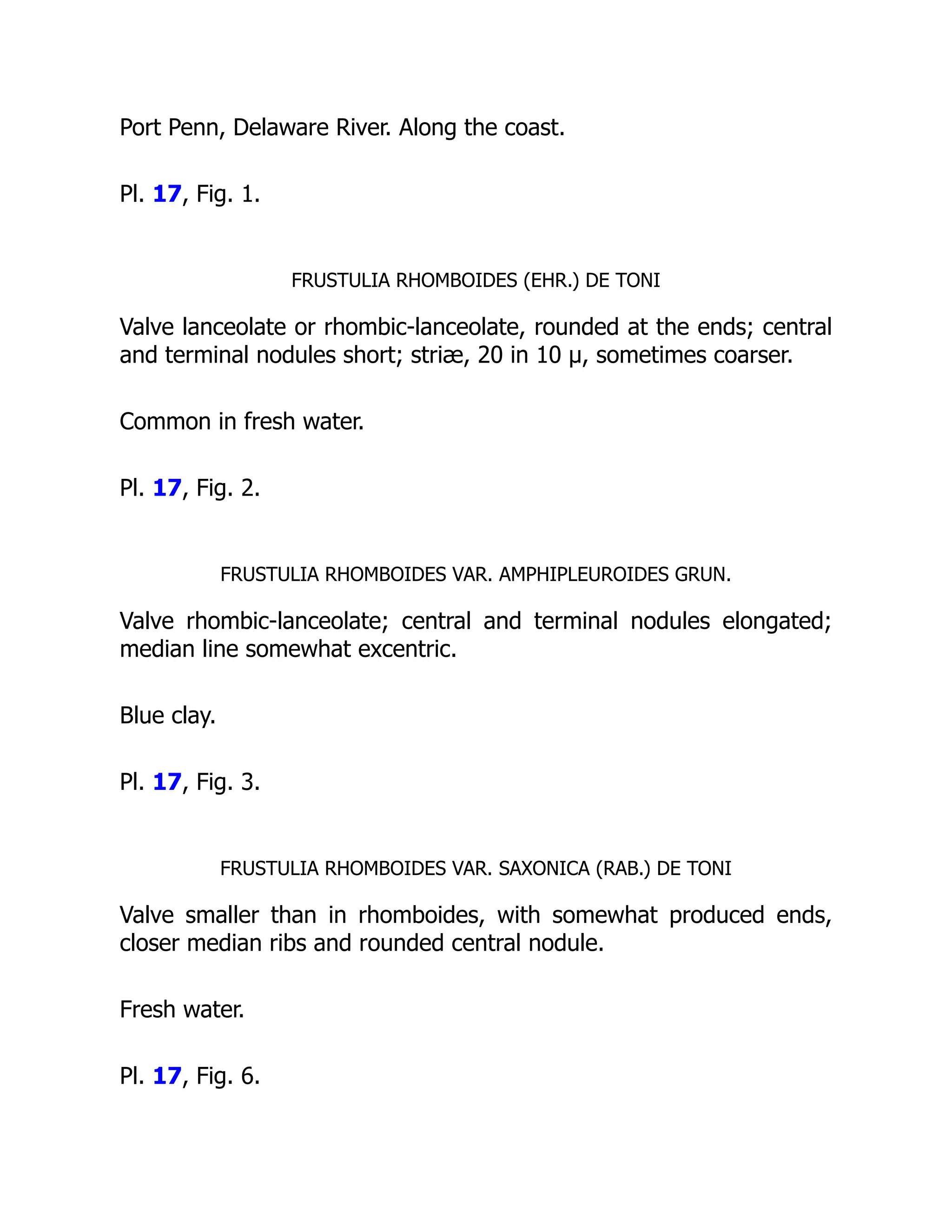 Port Penn, Delaware River. Along the coast.
Pl. 17, Fig. 1.
FRUSTULIA RHOMBOIDES (EHR.) DE TONI
Valve lanceolate or rhombic-lanceolate, rounded at the ends; central
and terminal nodules short; striæ, 20 in 10 µ, sometimes coarser.
Common in fresh water.
Pl. 17, Fig. 2.
FRUSTULIA RHOMBOIDES VAR. AMPHIPLEUROIDES GRUN.
Valve rhombic-lanceolate; central and terminal nodules elongated;
median line somewhat excentric.
Blue clay.
Pl. 17, Fig. 3.
FRUSTULIA RHOMBOIDES VAR. SAXONICA (RAB.) DE TONI
Valve smaller than in rhomboides, with somewhat produced ends,
closer median ribs and rounded central nodule.
Fresh water.
Pl. 17, Fig. 6.
 