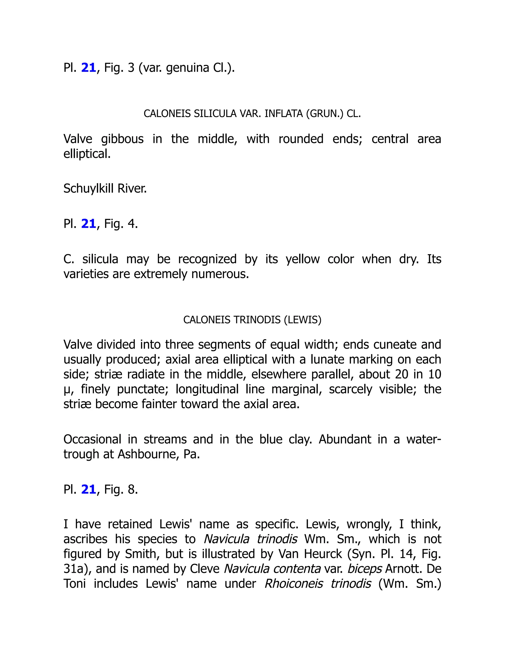 Pl. 21, Fig. 3 (var. genuina Cl.).
CALONEIS SILICULA VAR. INFLATA (GRUN.) CL.
Valve gibbous in the middle, with rounded ends; central area
elliptical.
Schuylkill River.
Pl. 21, Fig. 4.
C. silicula may be recognized by its yellow color when dry. Its
varieties are extremely numerous.
CALONEIS TRINODIS (LEWIS)
Valve divided into three segments of equal width; ends cuneate and
usually produced; axial area elliptical with a lunate marking on each
side; striæ radiate in the middle, elsewhere parallel, about 20 in 10
µ, finely punctate; longitudinal line marginal, scarcely visible; the
striæ become fainter toward the axial area.
Occasional in streams and in the blue clay. Abundant in a water-
trough at Ashbourne, Pa.
Pl. 21, Fig. 8.
I have retained Lewis' name as specific. Lewis, wrongly, I think,
ascribes his species to Navicula trinodis Wm. Sm., which is not
figured by Smith, but is illustrated by Van Heurck (Syn. Pl. 14, Fig.
31a), and is named by Cleve Navicula contenta var. biceps Arnott. De
Toni includes Lewis' name under Rhoiconeis trinodis (Wm. Sm.)
 