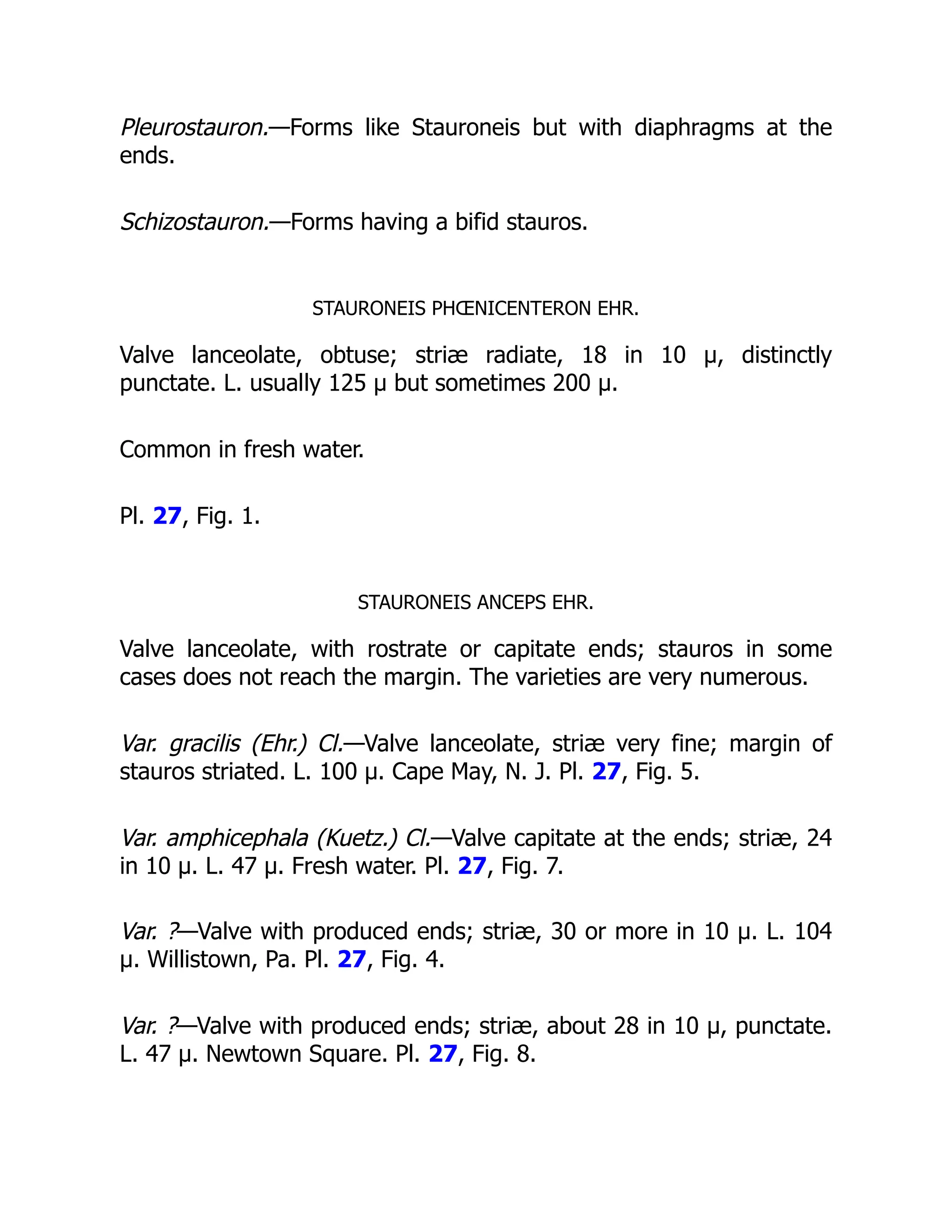 Pleurostauron.—Forms like Stauroneis but with diaphragms at the
ends.
Schizostauron.—Forms having a bifid stauros.
STAURONEIS PHŒNICENTERON EHR.
Valve lanceolate, obtuse; striæ radiate, 18 in 10 µ, distinctly
punctate. L. usually 125 µ but sometimes 200 µ.
Common in fresh water.
Pl. 27, Fig. 1.
STAURONEIS ANCEPS EHR.
Valve lanceolate, with rostrate or capitate ends; stauros in some
cases does not reach the margin. The varieties are very numerous.
Var. gracilis (Ehr.) Cl.—Valve lanceolate, striæ very fine; margin of
stauros striated. L. 100 µ. Cape May, N. J. Pl. 27, Fig. 5.
Var. amphicephala (Kuetz.) Cl.—Valve capitate at the ends; striæ, 24
in 10 µ. L. 47 µ. Fresh water. Pl. 27, Fig. 7.
Var. ?—Valve with produced ends; striæ, 30 or more in 10 µ. L. 104
µ. Willistown, Pa. Pl. 27, Fig. 4.
Var. ?—Valve with produced ends; striæ, about 28 in 10 µ, punctate.
L. 47 µ. Newtown Square. Pl. 27, Fig. 8.
 