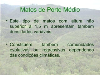 Matos de Porte Médio
• Este tipo de matos com altura não
  superior a 1,5 m apresentam também
  densidades variáveis.

• Constituem     também     comunidades
  evolutivas ou regressivas dependendo
  das condições climáticas.
 