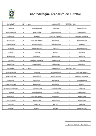Confederação Brasileira de Futebol

Rodada 05

17/05 - Sab

Rodada 06

20/05 - Ter

Oeste/SP

x

Ponte Preta/SP

Oeste/SP

x

Santa Cruz/PE

Portuguesa/SP

x

América/RN

Ponte Preta/SP

x

Vila Nova/GO

Paraná/PR

x

Boa/MG

Vasco da Gama/RJ

x

Sampaio Corrêa/MA

Náutico/PE

x

Vasco da Gama/RJ

Náutico/PE

x

Portuguesa/SP

Luverdense/MT

x

Bragantino/SP

Luverdense/MT

x

Boa/MG

Icasa/CE

x

Santa Cruz/PE

Icasa/CE

x

Bragantino/SP

Avaí/SC

x

Ceará/CE

Avaí/SC

x

Paraná/PR

Atlético/GO

x

Joinville/SC

Atlético/GO

x

ABC/RN

ABC/RN

x

Sampaio Corrêa/MA

América/RN

x

Ceará/CE

América/MG

x

Vila Nova/GO

América/MG

x

Joinville/SC

Rodada 07

24/05 - Sab

Rodada 08

27/05 - Ter

Bragantino/SP

x

Oeste/SP

Bragantino/SP

x

Vasco da Gama/RJ

Portuguesa/SP

x

Atlético/GO

Portuguesa/SP

x

Sampaio Corrêa/MA

Paraná/PR

x

Náutico/PE

Paraná/PR

x

Ponte Preta/SP

Santa Cruz/PE

x

América/MG

Náutico/PE

x

Avaí/SC

Sampaio Corrêa/MA

x

Luverdense/MT

Luverdense/MT

x

Icasa/CE

Ceará/CE

x

Ponte Preta/SP

Ceará/CE

x

Vila Nova/GO

Joinville/SC

x

Vasco da Gama/RJ

Joinville/SC

x

América/RN

Vila Nova/GO

x

América/RN

Atlético/GO

x

América/MG

ABC/RN

x

Icasa/CE

ABC/RN

x

Oeste/SP

Boa/MG

x

Avaí/SC

Boa/MG

x

Santa Cruz/PE

Emissão: 07/02/14

Pág. 02/10

 