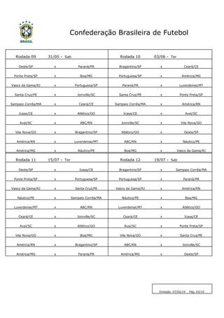 Confederação Brasileira de Futebol

Rodada 09

31/05 - Sab

Rodada 10

03/06 - Ter

Oeste/SP

x

Paraná/PR

Bragantino/SP

x

Ceará/CE

Ponte Preta/SP

x

Boa/MG

Portuguesa/SP

x

América/MG

Vasco da Gama/RJ

x

Portuguesa/SP

Paraná/PR

x

Luverdense/MT

Santa Cruz/PE

x

Joinville/SC

Santa Cruz/PE

x

Ponte Preta/SP

Sampaio Corrêa/MA

x

Ceará/CE

Sampaio Corrêa/MA

x

América/RN

Icasa/CE

x

Atlético/GO

Icasa/CE

x

Avaí/SC

Avaí/SC

x

ABC/RN

Joinville/SC

x

Vila Nova/GO

Vila Nova/GO

x

Bragantino/SP

Atlético/GO

x

Oeste/SP

América/RN

x

Luverdense/MT

ABC/RN

x

Náutico/PE

América/MG

x

Náutico/PE

Boa/MG

x

Vasco da Gama/RJ

Rodada 11

15/07 - Ter

Rodada 12

19/07 - Sab

Oeste/SP

x

Icasa/CE

Bragantino/SP

x

Sampaio Corrêa/MA

Ponte Preta/SP

x

Portuguesa/SP

Portuguesa/SP

x

Paraná/PR

Vasco da Gama/RJ

x

Santa Cruz/PE

Vasco da Gama/RJ

x

América/RN

Náutico/PE

x

Sampaio Corrêa/MA

Náutico/PE

x

Boa/MG

Luverdense/MT

x

ABC/RN

Luverdense/MT

x

Atlético/GO

Ceará/CE

x

Joinville/SC

Ceará/CE

x

Icasa/CE

Avaí/SC

x

Atlético/GO

Avaí/SC

x

Ponte Preta/SP

Vila Nova/GO

x

Boa/MG

Vila Nova/GO

x

Santa Cruz/PE

América/RN

x

Bragantino/SP

ABC/RN

x

Joinville/SC

América/MG

x

Paraná/PR

América/MG

x

Oeste/SP

Emissão: 07/02/14

Pág. 03/10

 